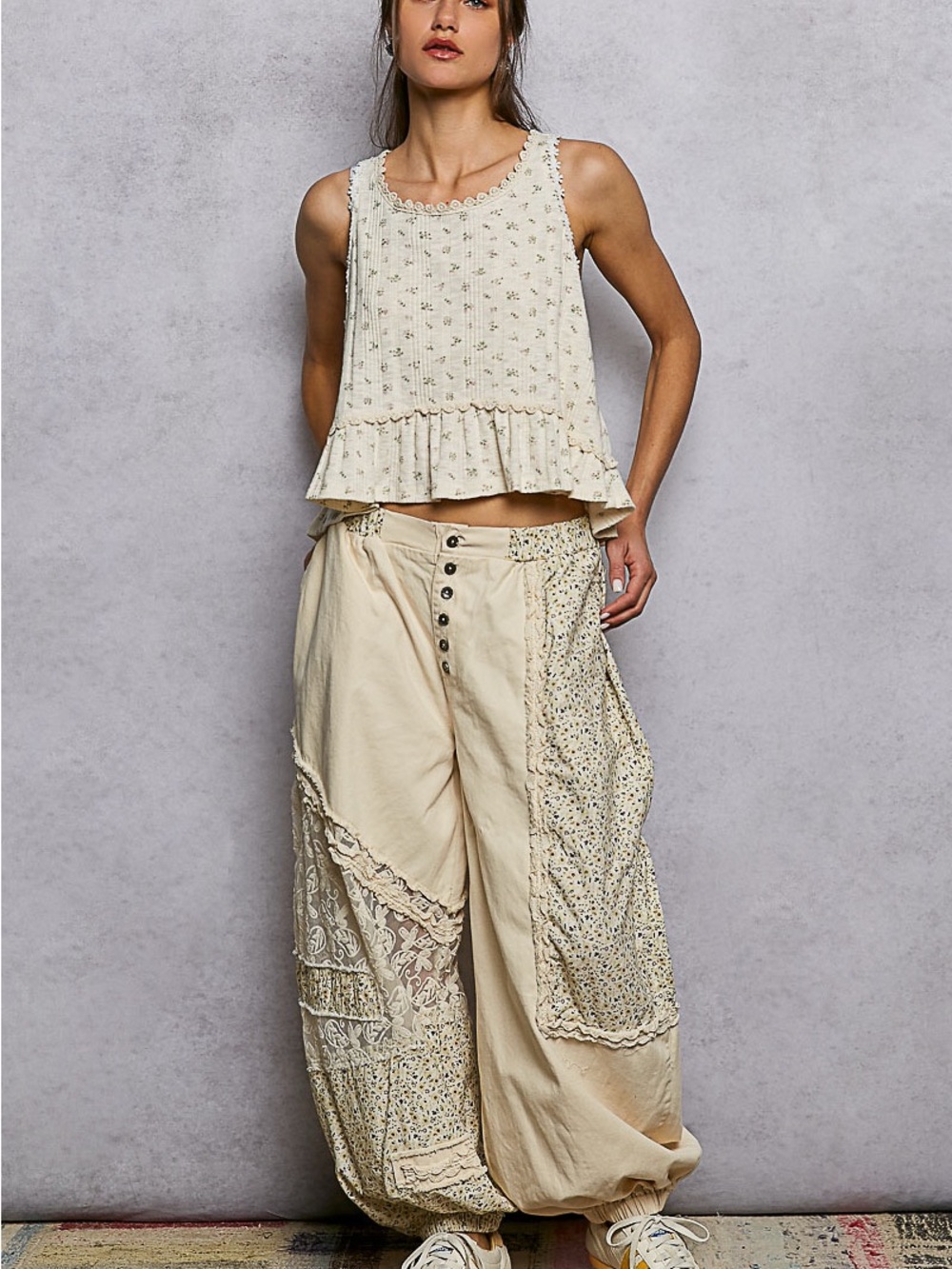 POL Cream Floral Lace-Trim Ruffle Tank Top - Picture 6 of 7